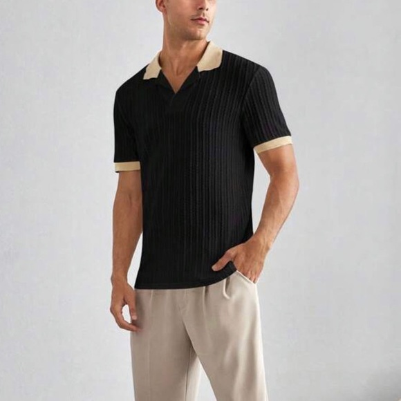Men’s Black / tan cable knit short sleeve polo tee shirt - Picture 4 of 5